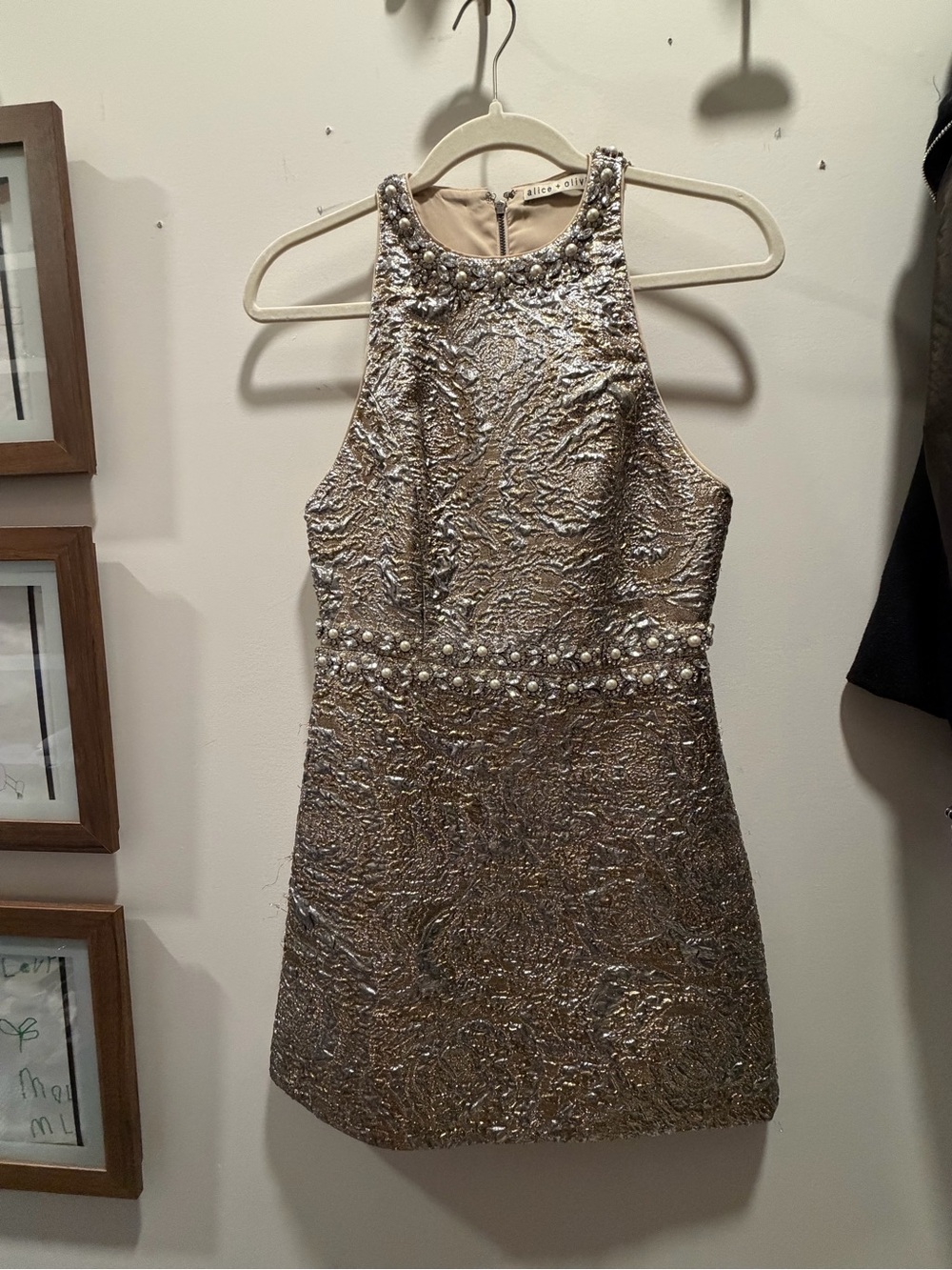 Alice + Olivia Gold and Silver Metallic Embellished Mini Dress